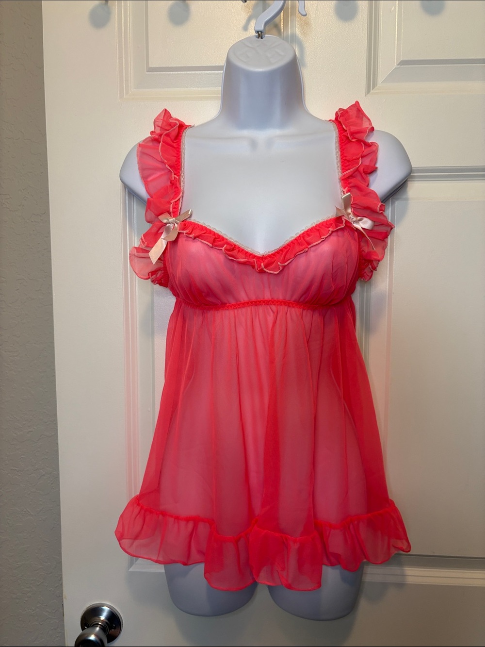 Victoria’s Secret Sheer Ruffled Babydoll Lingerie in Coral Pink, Size Small